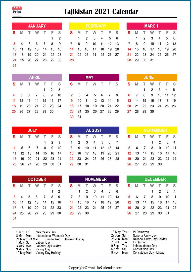 Tajikistan Printable Calendar 2021